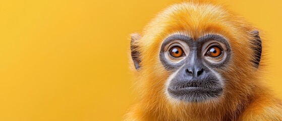  Close-up of a monkey's intense face against a yellow background