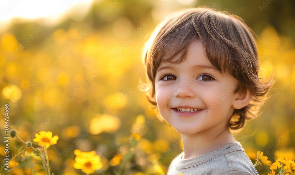 Wall mural smiling young boy with brown hair standing in a field of yellow flowers generative ai