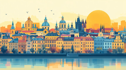 Prague, Czech, color wood block print effect. Woodblock printing. Graphic designed, illustration for travel poster, card, wallpaper, backdrop or banner. Modern, clear, artistic and simple