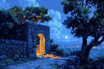 Fototapeta premium Stone Archway Leading to a Pathway Under a Full Moon