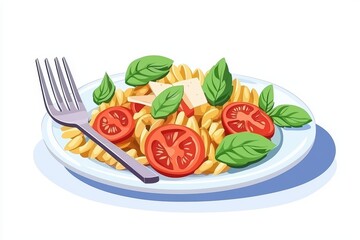 Delicious pasta dish with fresh tomatoes and basil on a white plate, served with a fork.