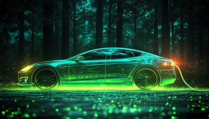 A futuristic electric car charging in a vibrant green forest, showcasing eco-friendly technology and innovation in transportation.