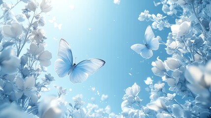 White Butterflies and Delicate Blossoms Against a Blue Sky