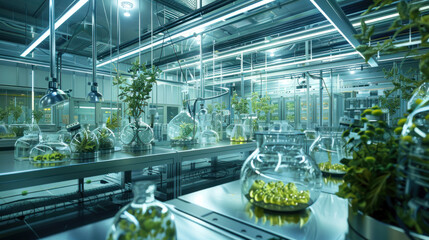 A bioenergy research lab where scientists are developing new technologies to convert organic waste into clean energy. High-tech, clean, and modern design.