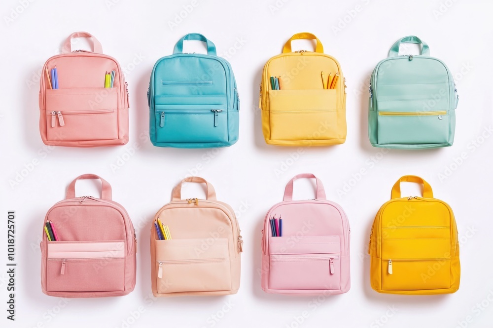 Poster a collection of backpacks arranged neatly on a white background