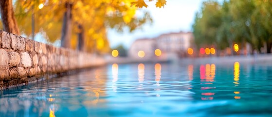  A body of water adjacent to a stone wall Trees line the wall's side A building lies in the background