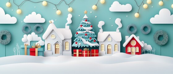 Obraz premium Festive winter scene with charming houses, decorated Christmas tree, gifts, and snow-covered landscape, evoking holiday spirit.