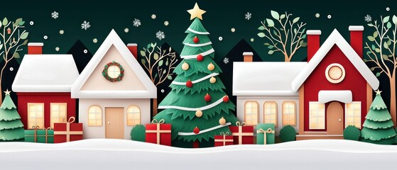 Festive winter village scene with decorated houses, a Christmas tree, and snow, creating a cozy holiday atmosphere.