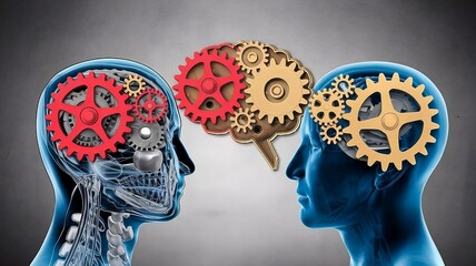 A concept image of teamwork and leadership. There are two human heads, one with red gears and the other with gold gears. The red gears are working together with the gold gears to form a brain shape. 