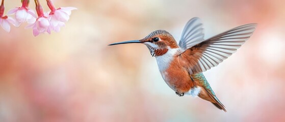 Fototapeta premium A bird flying in the air with extended wings and a foreground flower, softly focused, against a blurred background