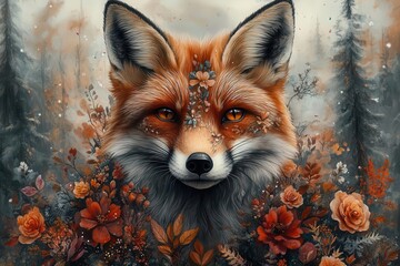 Fototapeta premium majestic fox portrait adorned with intricate floral tattoos swirling through its fur vibrant watercolor splashes creating an ethereal forest backdrop