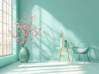 Serene and minimalist 3D studio setting featuring cool aquamarine tones a bare floor and wall a central product display a soft shadow cast from the window and vibrant sunlit mockup