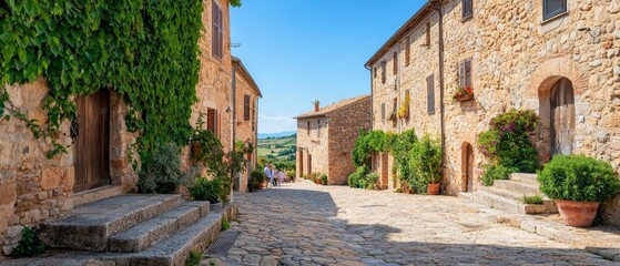 Fototapeta premium A cobblestoned street bordered by potted plants, leading to a stone building in the backdrop
