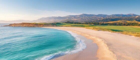 Obraz premium A bird's-eye perspective of a beach, where a golf course lies on its opposite end, and mountains stand in the background