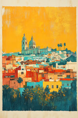 Obraz premium Puebla, Mexico, color wood block print effect. Woodblock printing. Graphic designed, illustration for travel poster, card, wallpaper, backdrop or banner. Modern, clear, artistic and simple