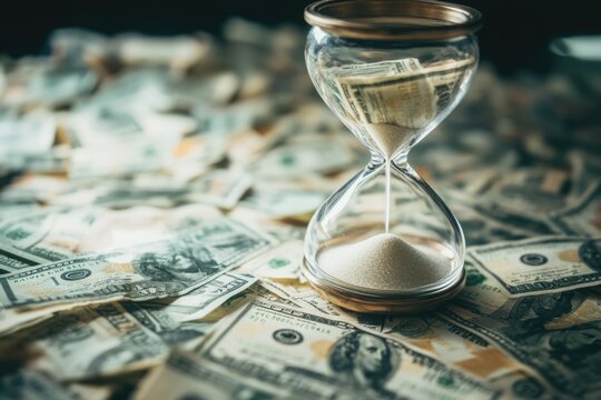 An hourglass sits atop a pile of money, symbolizing time and wealth - Powered by Adobe