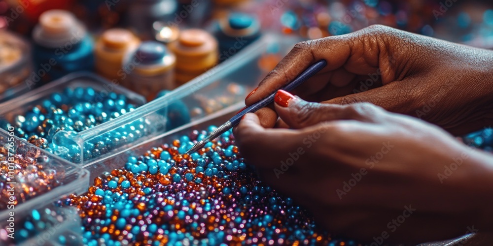 Poster Close-up shot of a person cutting beads with a pair of scissors, highlighting the details of the process