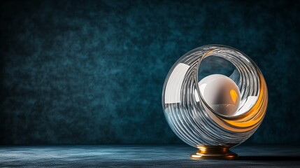 3D rendering of glossy white and gold spheres and glass spheres with white and gold swirls in an elegant vase against a dark background with reflective lighting and a luxurious finish.