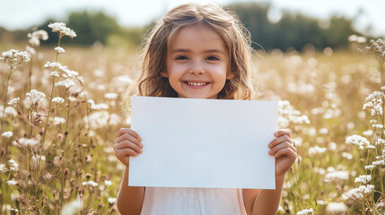 Young child holding a blank sheet of paper in a sunny wildflower field during a warm afternoon