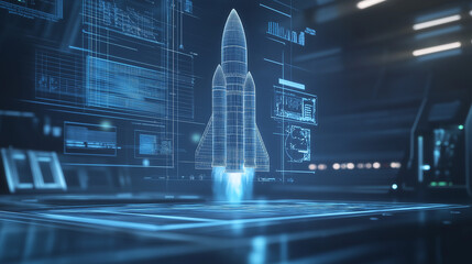 A futuristic rocket launch setup at a high-tech control center during a simulated space mission