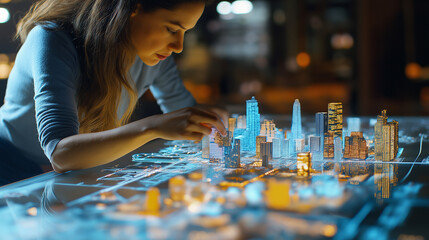 Woman engaged in creative urban planning with a detailed illuminated city model at dusk in a modern workspace