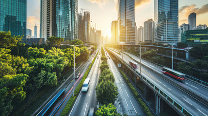 Fototapeta premium A city powered by the latest green technologies, with eco-friendly transportation, solar energy grids, and smart building designs