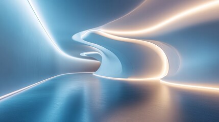 Abstract Futuristic Interior with Curved Walls and Illuminated Lines