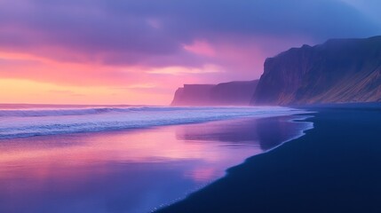 Fototapeta premium Pink Sunset Reflecting on the Calm Sea and Black Sand Beach with Mountains in the Distance