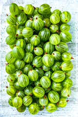 Green Organic Berries Gooseberries.Berries  gooseberry close-up. Background from gooseberries.Harvest concept. Vegetarian food.Top view,