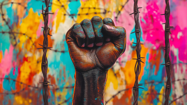 A powerful raised fist in front of vibrant graffiti and barbed wire during a social justice protest highlighting resilience and hope