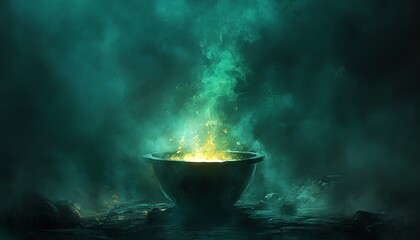 A mystical cauldron emits vibrant green and yellow vapors, creating an enchanting and mysterious atmosphere.