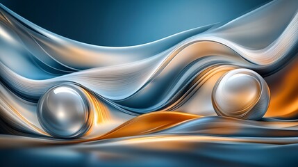 3D rendering of glossy white and gold spheres and glass spheres with white and gold swirls in an elegant vase against a dark background with reflective lighting and a luxurious finish.