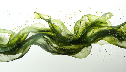 A vibrant green wave of liquid flowing gracefully, creating an abstract and dynamic visual effect with sparkling details.