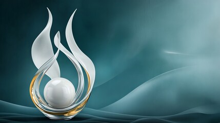 3D rendering of glossy white and gold spheres and glass spheres with white and gold swirls in an elegant vase against a dark background with reflective lighting and a luxurious finish.