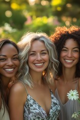 Fototapeta premium Three joyful women smiling together in a sunlit garden, showcasing friendship and diverse beauty during a vibrant summer day.