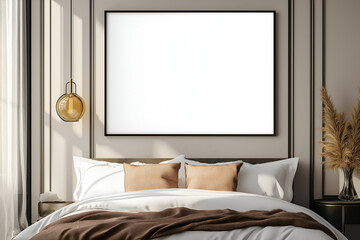 A blank framed artwork or poster, blank for design mockups, hanging on the wall of a bedroom over the bed, with a modern or stylish or minimalist interior, Empty picture frame mockup, Design template