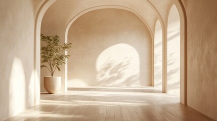 Sunlit Interior with Arched Walls and a Potted Plant