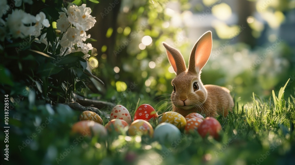 Poster a rabbit sitting in the grass surrounded by easter eggs
