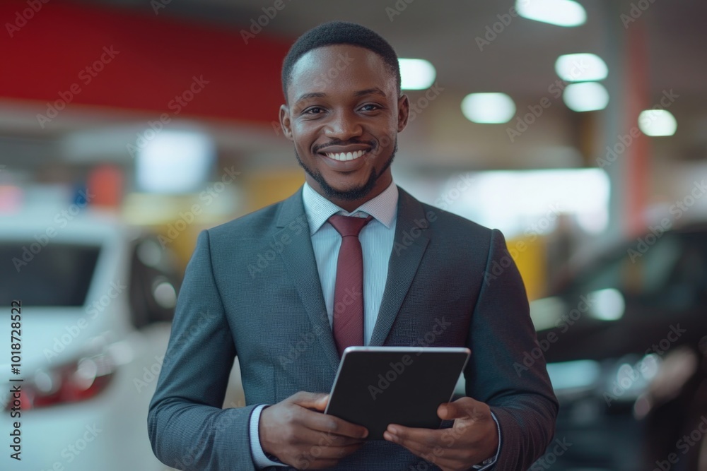 Poster a person holds a tablet computer, ready to work or access information