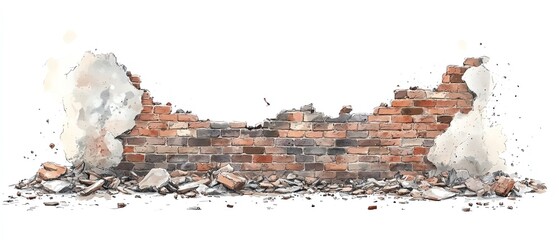 Fototapeta premium A detailed view of a broken brick wall showcasing texture and rubble, ideal for backgrounds and construction-themed designs.