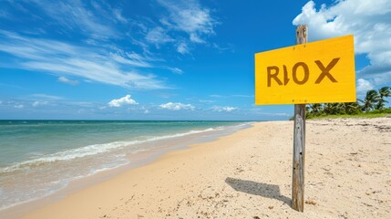 Scenic beach view with a yellow Riox sign under a blue sky with clouds, capturing serene coastal beauty.