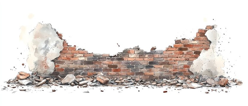 A detailed view of a broken brick wall showcasing texture and rubble, ideal for backgrounds and construction-themed designs.