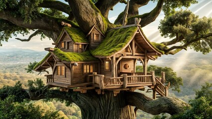 a tree house with a green roof that has a green roof.