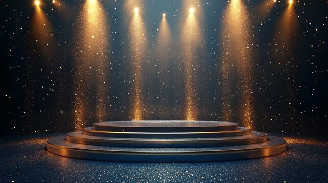 A three-tiered circular podium with a gold rim, illuminated by spotlights against a dark blue background with sparkling particles.