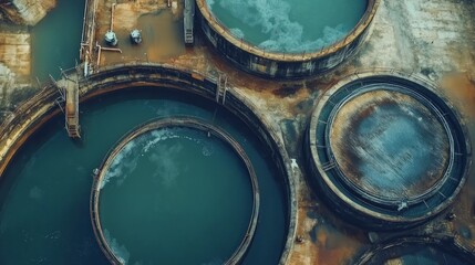 Aerial view of a water treatment plant with round tanks, showing the process of water purification.