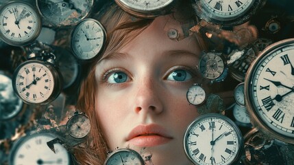 A woman standing amidst multiple clocks, suggesting time and its constraints