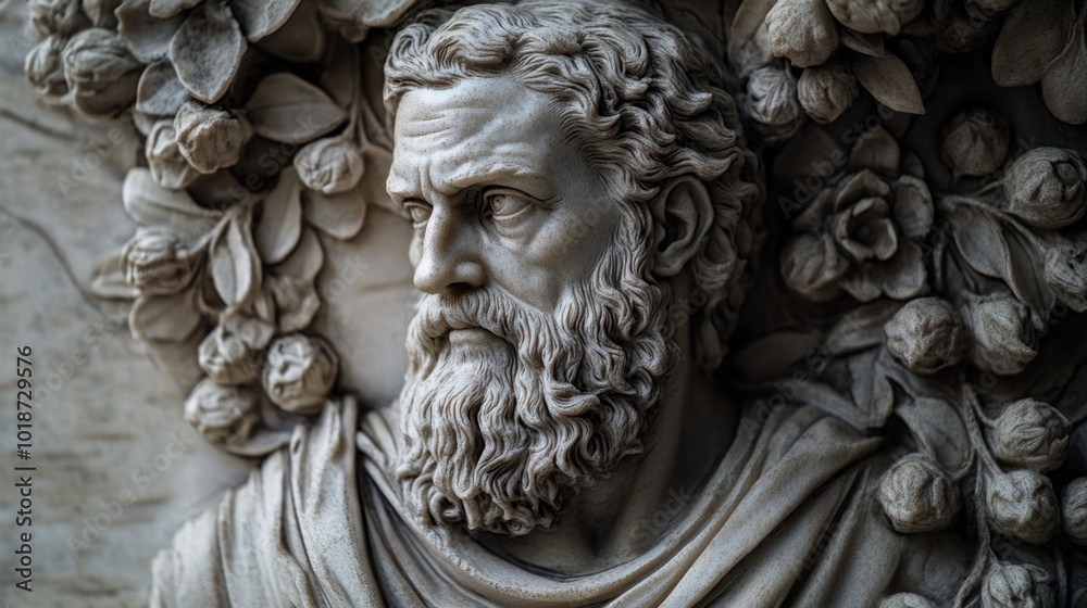 Poster a close-up view of a statue featuring a bearded man, ideal for use in historical or cultural setting