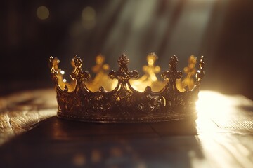 Crown on a Wooden Table with Backlighting and Shadow. AI generated illustration