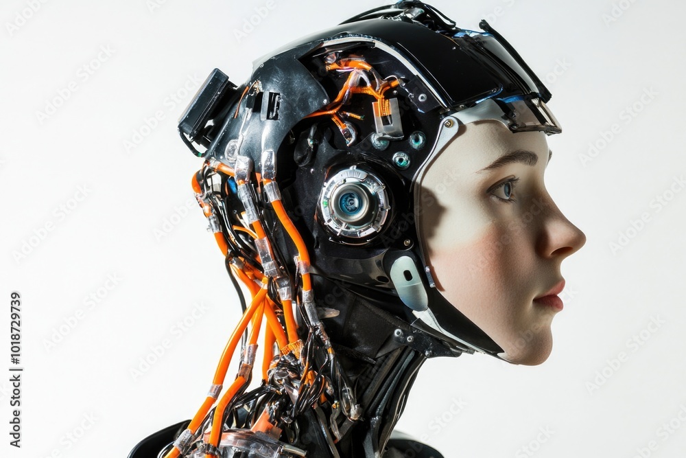 Poster a mannequin wearing a helmet with multiple wires attached, suitable for tech or science illustration