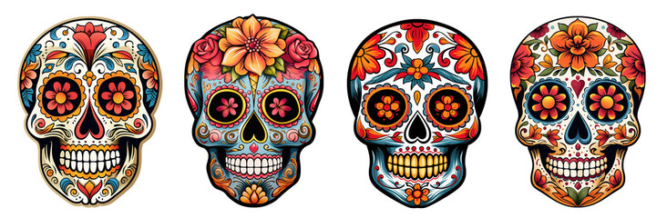 set of sugar skull, day of death, mexican style on  isolated background. sticker pack. illustration